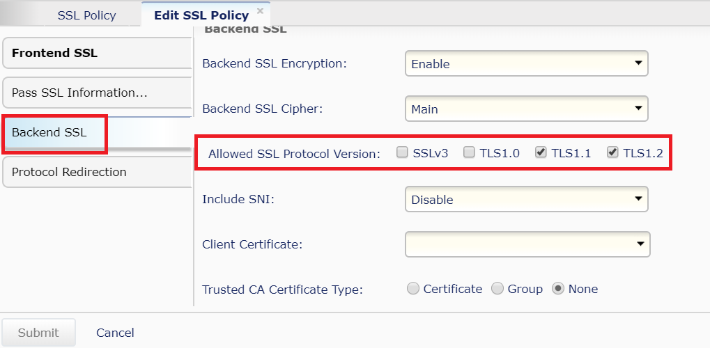 Alteon Selection of Supported SSL/TLS Protocol Version